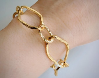 Pulsera de eslabones eclécticos, pulsera llamativa de latón chapado en oro de 18 quilates, pulsera asimétrica, pulsera geométrica, joyería llamativa dorada