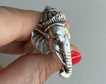 Anillo Lord Ganesha Plata Unisex Anillo de Dioses Indios, Anillo de Elefante de Buena Suerte, Regalo indio para Yogi Santo Anillo de Elefante Joyería India para él