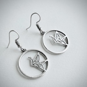 Antique Silver Origami Crane Earrings Silver Origami Crane Jewelry Women&#39;s Dainty Bird Dangle Earring Origami Jewelry Stork Earrings for Her