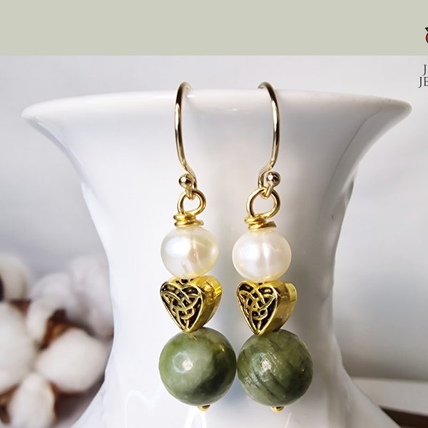 Irish Connemara Marble Real Pearl & Celtic 24k Gold Earrings Irish Jewelry Irish National Gemstone. Traditional Irish Heart Charm Gift Box