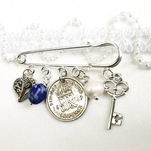 Bridal Charm Pin: Sixpence, Lapis Lazuli, Pearl, Heart & Key