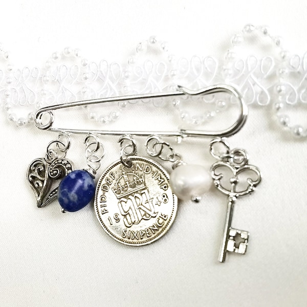 Hochzeit Andenken Pin, Sixpence, Lapis Lazuli Stein, etwas altes, neues, geliehenes, blau, Herz & Herzschlüssel, echte Perle, Geschenk für die Braut