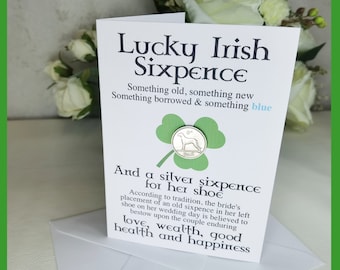 Irish Celtic Lucky Bride Lucky 6d Sixpence for Her Shoe Something Old Something New Something Borrowed Something Blue Personalised Card Gift