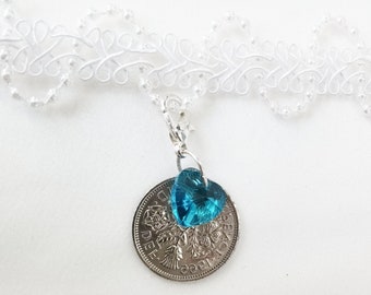 Lucky Sixpence Bridal Charm | Bouquet Charm | Garter Charm | Wedding | Blue Crystal Heart Wedding Sixpence | Something Old Something Blue