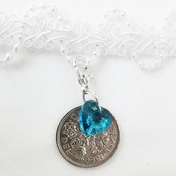 Lucky Sixpence Bridal Charm | Bouquet Charm | Garter Charm | Wedding | Blue Crystal Heart Wedding Sixpence | Something Old Something Blue