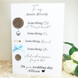 Noiva de luxo personalizado Tia Tia Tia Tia Cartão-presente para o dia do casamento Lucky Sixpence, Irish Claddagh Old Penny Algo velho, novo, azul emprestado