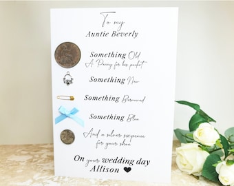 Bride Personalised Luxury Aunt Aunty Auntie Wedding Day Gift Card Lucky Sixpence, Irish Claddagh Old Penny Something Old, New, Borrowed Blue