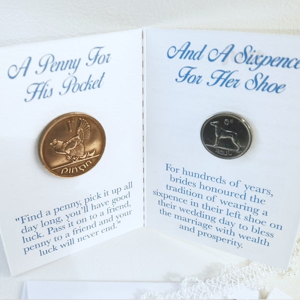 Irish Celtic Lucky Bride & Groom Penny for His Pocket Sixpence for Her Shoe Something Old Something New Something Borrowed Something Blue