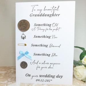 Cartão personalizado de luxo para presente de dia de casamento, seis pence da sorte, irlandês claddagh, centavo antigo, algo antigo, novo, neta azul emprestada
