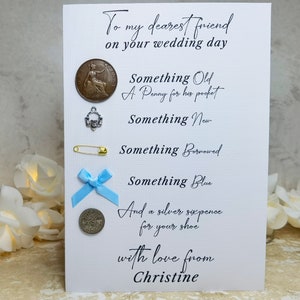 Tarjeta de regalo de lujo personalizada para novias, mejor amiga, día de la boda, Lucky Sixpence, Claddagh irlandés, antiguo penique del Reino Unido, algo viejo, nuevo, prestado, azul