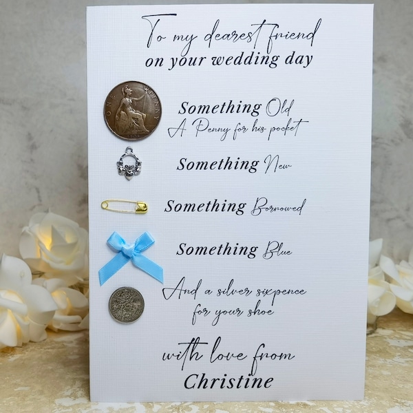 Bride Personalised Luxury Bestie Friend Wedding Day Gift Card Lucky Sixpence, Irish Claddagh Old Penny Something Old, New, Borrowed Blue
