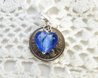 Lucky Sixpence Bridal Charm | Bouquet Charm | Garter Charm | Wedding | Blue Glass Heart Wedding Sixpence | Something Old Something Blue