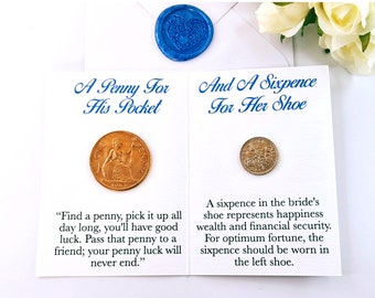 Bride Wedding Coins On Card English Lucky Bride and Groom, Penny for His Pocket and Sixpence for Her Shoe Something Old, New, Borrowed Blue