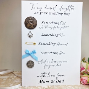 Filha Noiva Luxo Personalizado no Dia do Casamento Cartão Presente Lucky Sixpence, Irish Claddagh Old Penny Algo Velho, Novo, Azul Emprestado