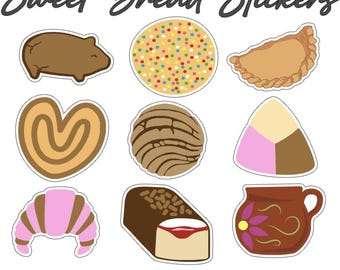 May include: A sheet of stickers featuring various sweet bread designs, including a pig-shaped pastry, a round pastry with colorful sprinkles, and a croissant with pink icing. The text "Sweet Bread Stickers" is at the top.
