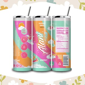 May include: A set of three insulated tumblers with a colorful design. Each tumbler features a different side of the design, including the text "Alani Energy" and "Sherbet Swirl". The tumblers have a straw and a teal base.