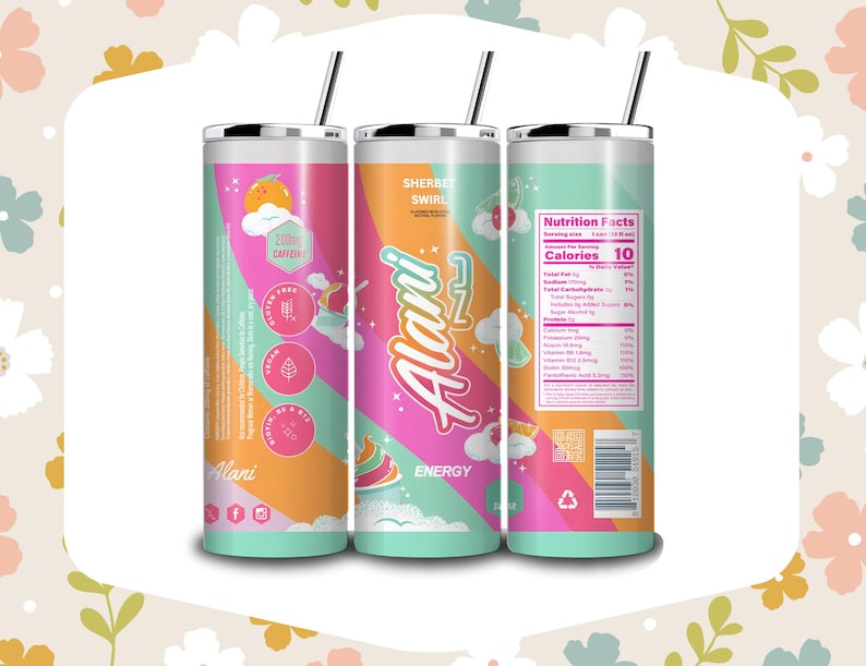 May include: A set of three insulated tumblers with a colorful design. Each tumbler features a different side of the design, including the text "Alani Energy" and "Sherbet Swirl". The tumblers have a straw and a teal base.