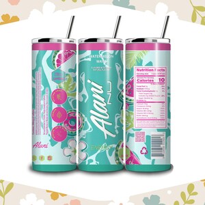 May include: Three Alani Nu energy drink tumblers with straws. The tumblers feature a teal and white floral design with pink accents. The text "Watermelon Wave" and "Alani Nu Energy" are visible. Nutrition facts are also displayed.