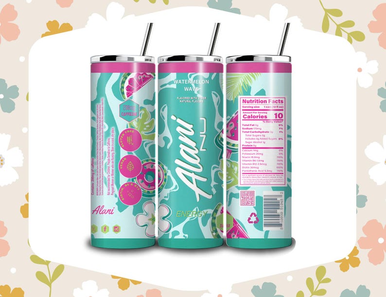 May include: Three Alani Nu energy drink tumblers with straws. The tumblers feature a teal and white floral design with pink accents. The text "Watermelon Wave" and "Alani Nu Energy" are visible. Nutrition facts are also displayed.
