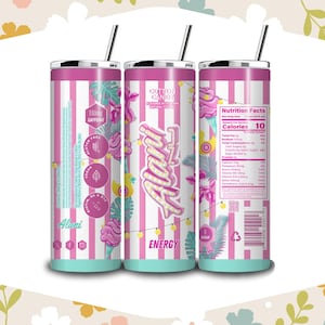 May include: A set of three insulated tumblers with a pink and white striped design. Each tumbler features the text "Alani Energy" and "Cotton Candy" with a straw. The tumblers have a teal base and pink lid.