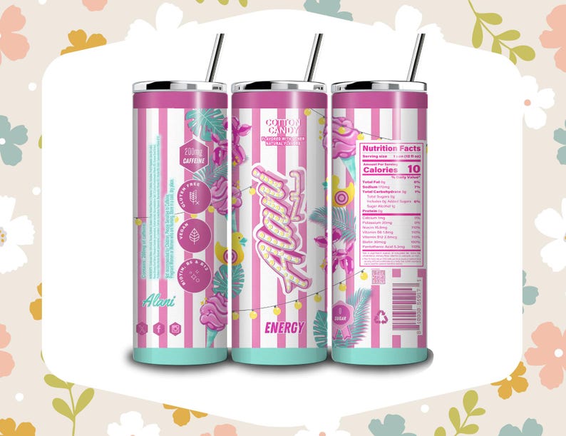 May include: A set of three insulated tumblers with a pink and white striped design. Each tumbler features the text "Alani Energy" and "Cotton Candy" with a straw. The tumblers have a teal base and pink lid.