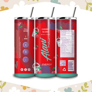 May include: Three red Alani Nu Energy drink tumblers with black straws. The tumblers feature the text "Cherry Slush" and "Alani Nu Energy". Each tumbler has a teal base and a cherry design. One tumbler shows nutrition facts.