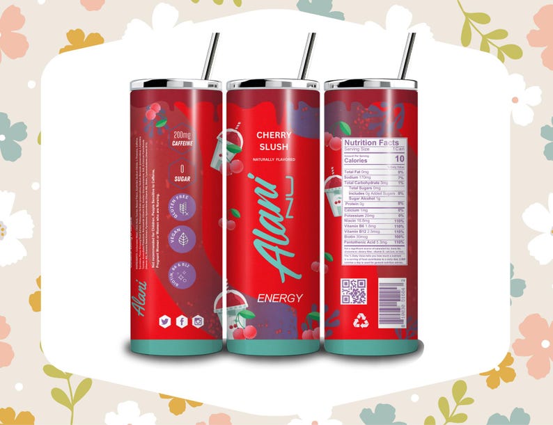 May include: Three red Alani Nu Energy drink tumblers with black straws. The tumblers feature the text "Cherry Slush" and "Alani Nu Energy". Each tumbler has a teal base and a cherry design. One tumbler shows nutrition facts.
