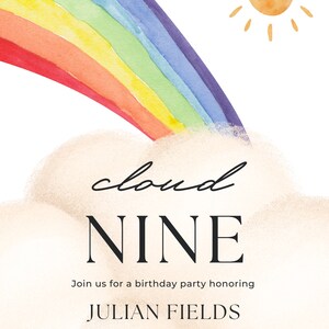 Può includere: Un invito a una festa di compleanno con un arcobaleno ad acquerello e un sole. Il testo recita "cloud NINE" e "Unisciti a noi per una festa di compleanno in onore di JULIAN FIELDS. Il 12 aprile alle 14:00. Al 123 anywhere st.,any city, st 12345."