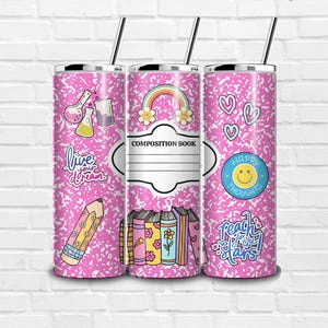 May include: Three pink insulated tumblers with black straws. Each tumbler features a different design: laboratory glassware, a rainbow, and a smiley face. The tumblers are decorated with school-themed graphics and text, including "Live your dream" and "Happy Thoughts."