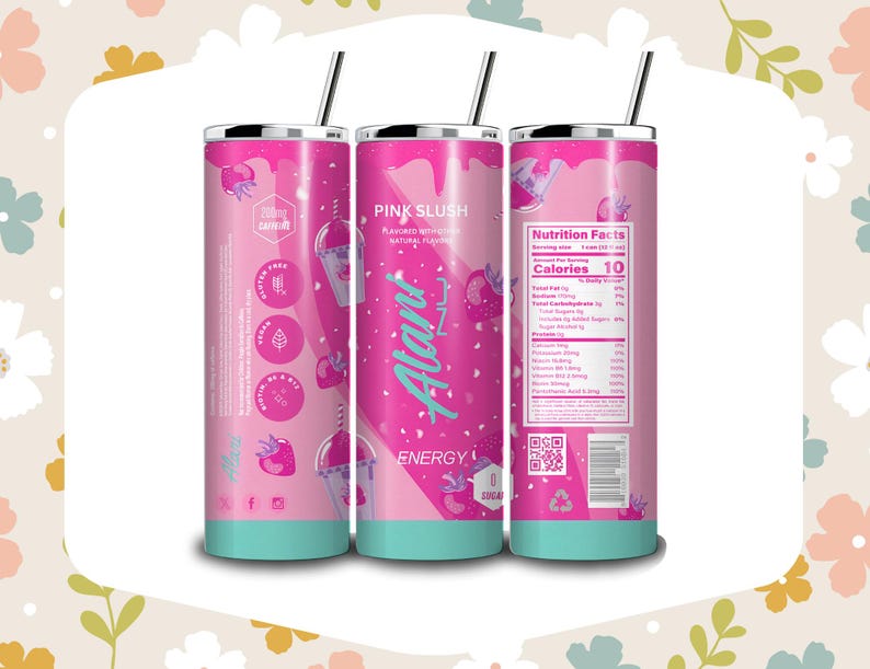 May include: Three pink insulated tumblers with black straws. The tumblers feature the text "Pink Slush" and "Alani Energy" with strawberry and drink graphics. The tumblers have a teal base and a nutrition facts label.