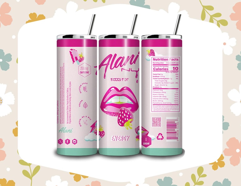 May include: Three Alani Nu Berry Pop energy drink tumblers with straws. The tumblers are white with pink accents and feature a graphic of lips and a strawberry. The tumblers also have nutritional information and the text "200mg Caffeine".