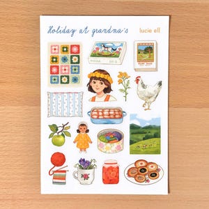 Hoja de pegatinas: vacaciones en casa de la abuela / Decoración colorida eslava para agenda y bullet journal