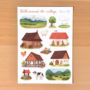 Hoja de pegatinas - Paseo por el pueblo / Decoración eslava para bullet journal y planificador