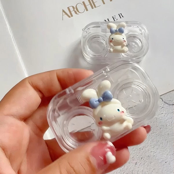 White Bunny Wearing Blue Bow Contact Lens Case, Travel Contact Case Cute Lens Holder Kit