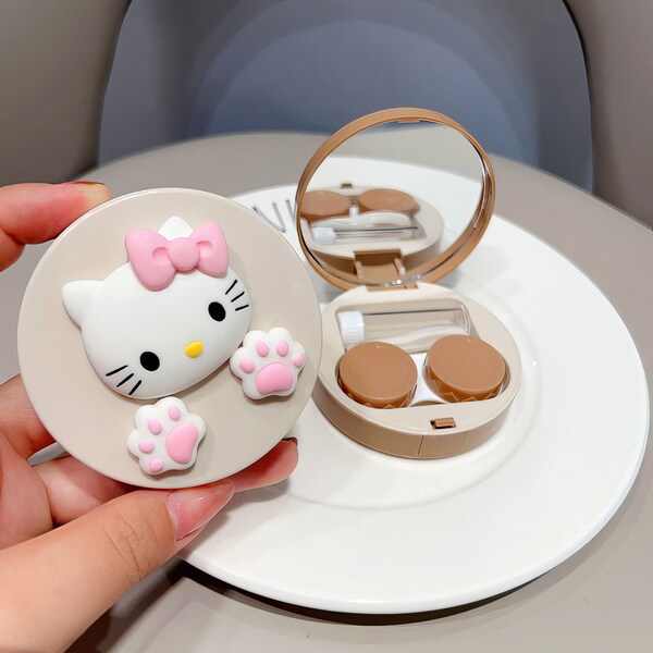 Cute Cat Contact Lens Case, Portable Storage Contact Lens Box with Mirror Tweezers Remover Tool Solution Bottle for Travel