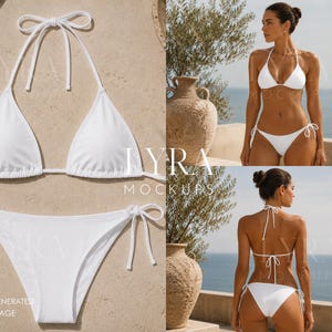 Può includere: Un set bikini bianco a tinta unita composto da un top a triangolo con sottili laccetti da annodare al collo e uno slip coordinato con laccetti laterali regolabili. Il design presenta linee pulite, mostrato sia in piano che indossato.