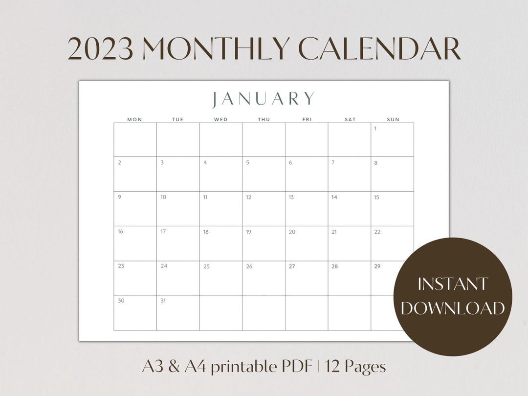 2023 Calendar Printable, 2023 Monthly Calendar Landscape, A3 & A4