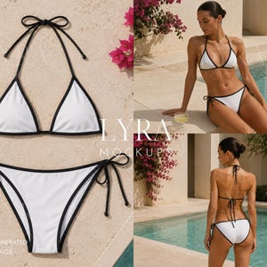May include: A white bikini set featuring a triangle top with thin black trim and matching tie-side bikini bottoms with black piping. The top includes adjustable neck and back ties, while the bottoms feature side ties for a customizable fit.