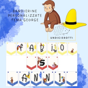 Bandierine compleanno digitale tema Curioso come George, bandierine personalizzate compleanno, Allestimenti compleanno Curioso come George