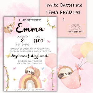 Invito Battesimo bradipo, invito digitale Battesimo bimba, invito whatsapp Battesimo bradipo, invito colori pastello rosa