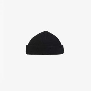 May include: A black knitted beanie hat with a folded brim.