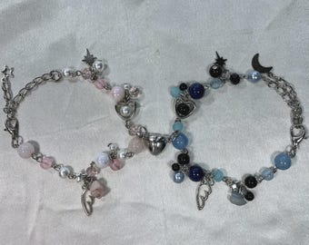 Bracelet couple coeur magnétique : quartz rose et calcédoine