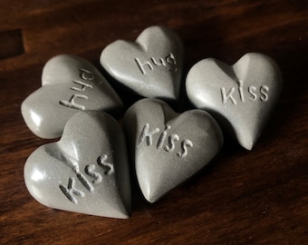 Set of 5 Concrete Hearts/ 'kiss' and 'hug' hearts