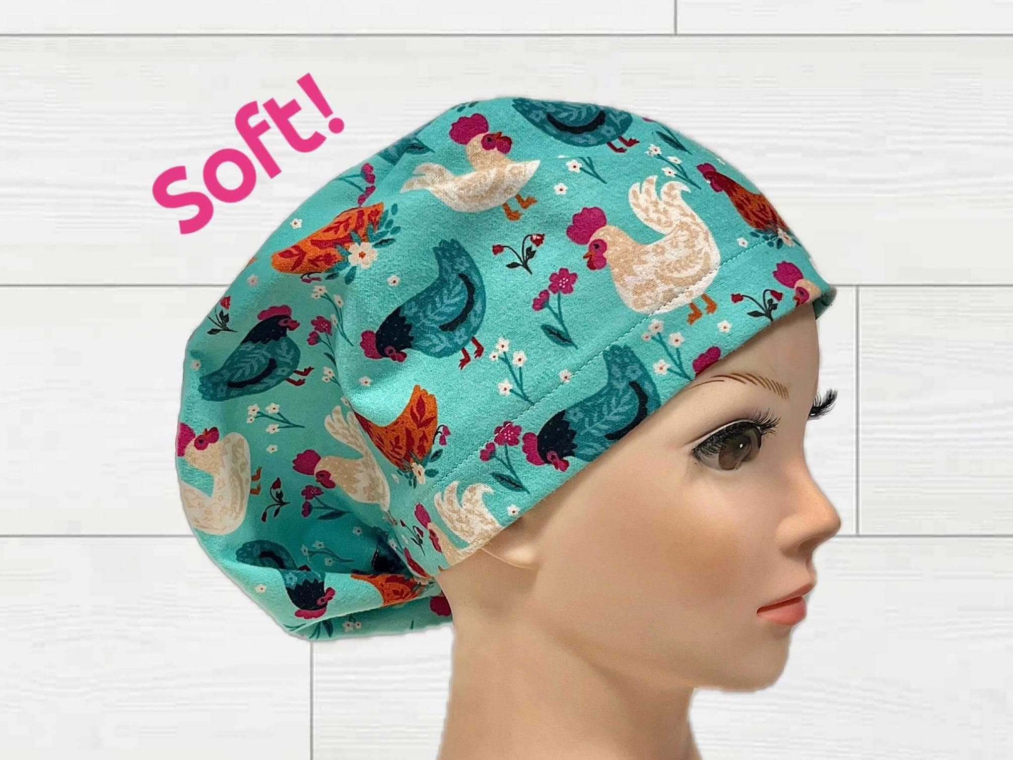 Soft Chickens on Floral Cute Cozy Euro Scrub Cap, Scrub Caps for Women, Surgical Cap, Scrub Hats for Women, Euro Scrub Hat