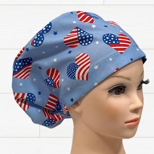 USA Heart Scrub Cap Euro Style – Patriotic Bouffant Surgical Hat for Women, 4th of July Nurse Cap, Red White Blue OR Hat, Stars & Stripes