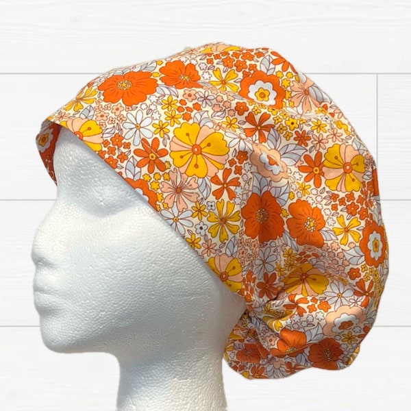 Retro Floral Euro Scrub Cap, Nurse Surgical Hat for Women, Groovy 60's 70's Euro Scrub Hat, Scrub Cap, Scrub Caps Euro