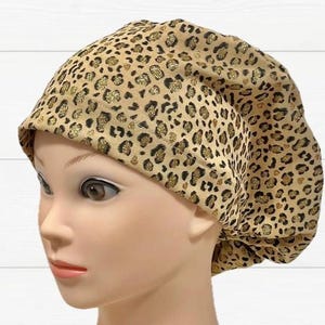 Stretchy Leopard Print Glittery Euro Scrub Cap, Nurse Surgical Hat for Women, Leopard Euro Scrub Hat, Scrub Cap, Scrub Caps, Satin Option