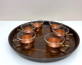 Midcentury glasses set, tea glasses in copper holder, melamine tray, vintage cups