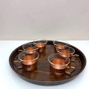 Midcentury glasses set, tea glasses in copper holder, melamine tray, vintage cups