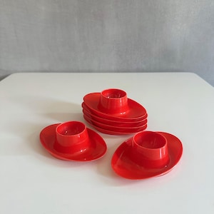 Vintage egg cups Polyha DDR, set of 6, plastic, red, stackable, retro kitchen, 70s Germany